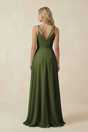 V - Neck A - Line Chiffon Bridesmaid Dress with Crisscross Back in Olive - SHE IS ME Bridesmaid Dresses