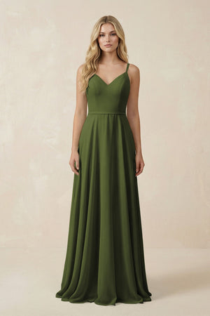 V - Neck A - Line Chiffon Bridesmaid Dress with Crisscross Back in Olive - SHE IS ME Bridesmaid Dresses