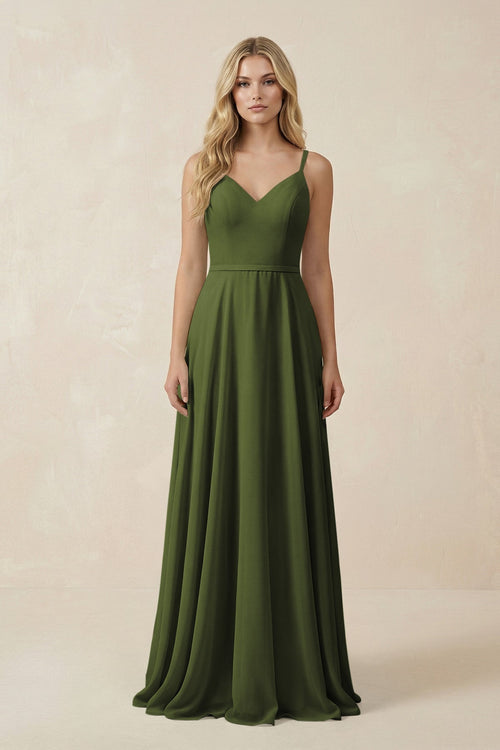 V - Neck A - Line Chiffon Bridesmaid Dress with Crisscross Back in Olive - SHE IS ME Bridesmaid Dresses