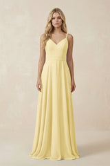 V - Neck A - Line Chiffon Bridesmaid Dress with Crisscross Back in Pastel Yellow - KISS BRIDAL Bridesmaid Dresses