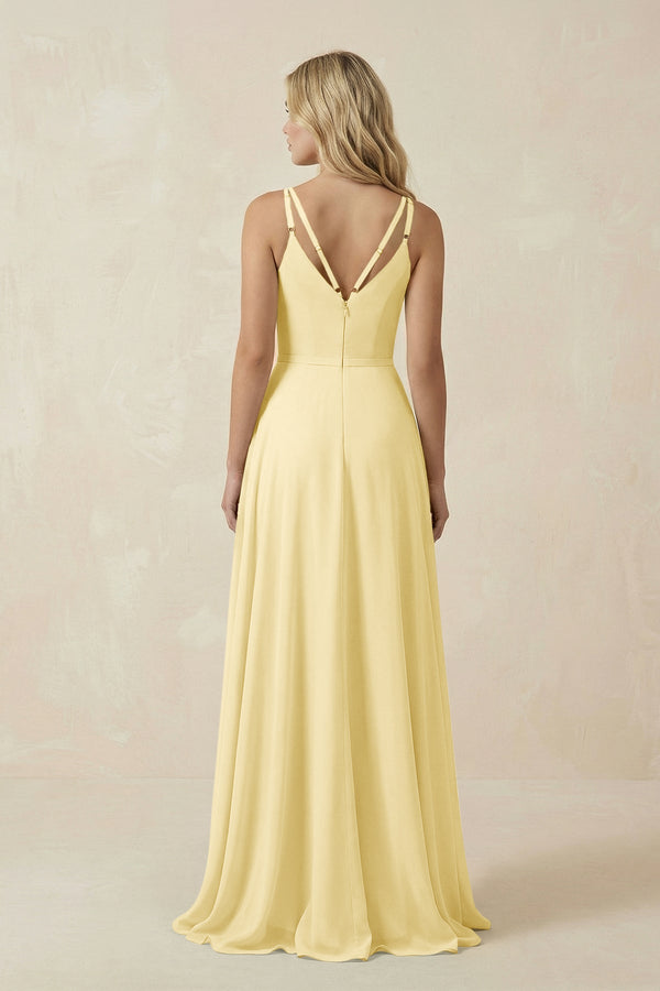 V - Neck A - Line Chiffon Bridesmaid Dress with Crisscross Back in Pastel Yellow - SHE IS ME Bridesmaid Dresses