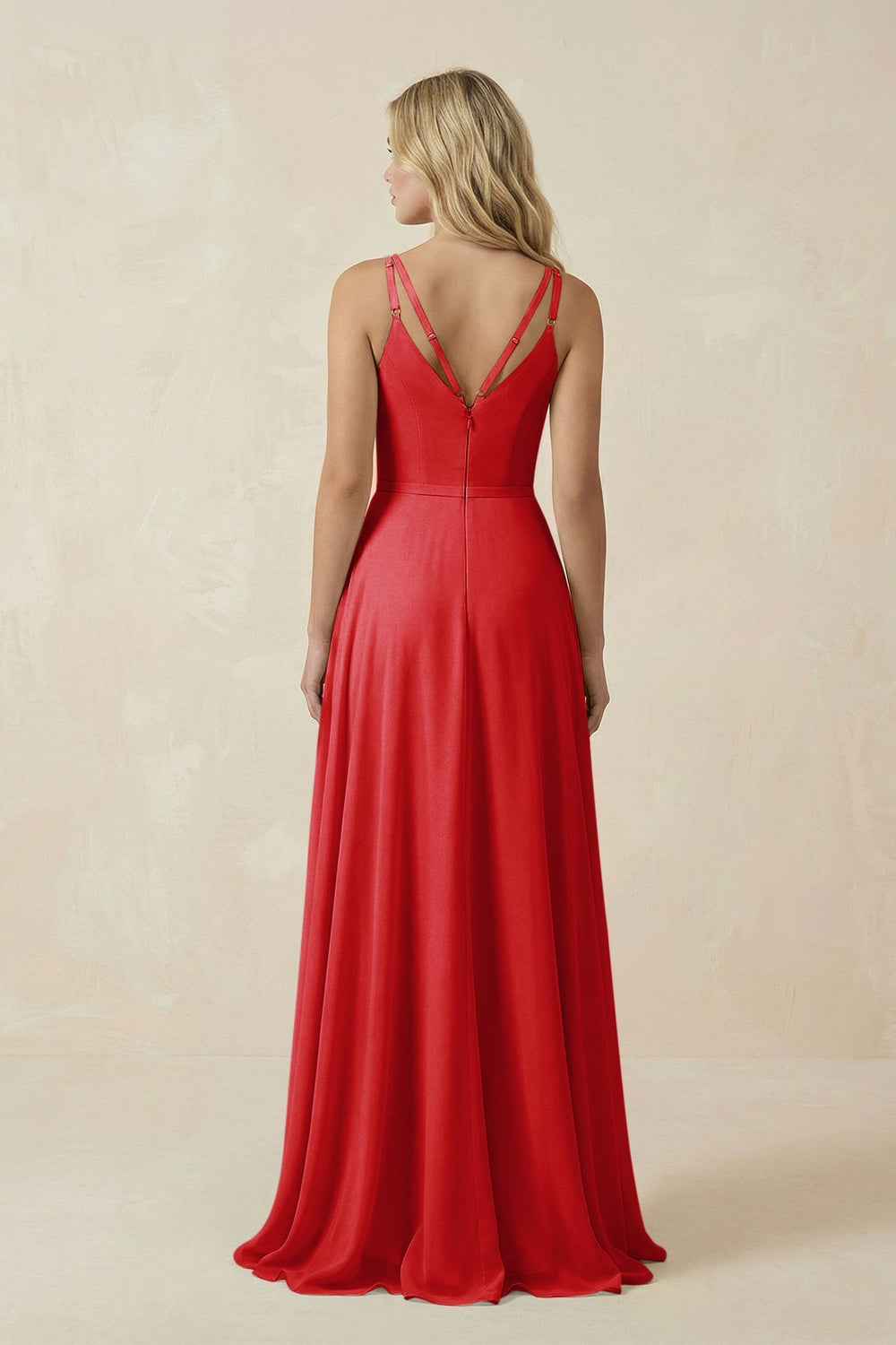 V - Neck A - Line Chiffon Bridesmaid Dress with Crisscross Back in Ruby Red - SHE IS ME Bridesmaid Dresses