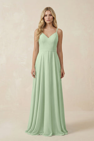 V - Neck A - Line Chiffon Bridesmaid Dress with Crisscross Back in Sage - SHE IS ME Bridesmaid Dresses