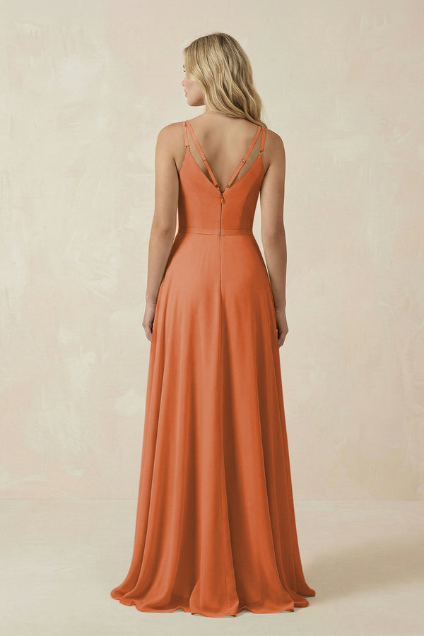 V - Neck A - Line Chiffon Bridesmaid Dress with Crisscross Back in Terracotta - SHE IS ME Bridesmaid Dresses