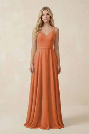 V - Neck A - Line Chiffon Bridesmaid Dress with Crisscross Back in Terracotta - SHE IS ME Bridesmaid Dresses