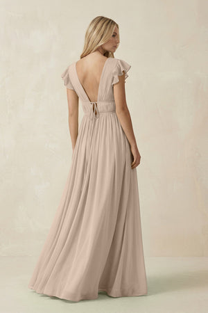 V - Neck A - Line Chiffon Cap Sleeves Bridesmaid Dress in Almond - KISS BRIDAL Bridesmaid Dresses