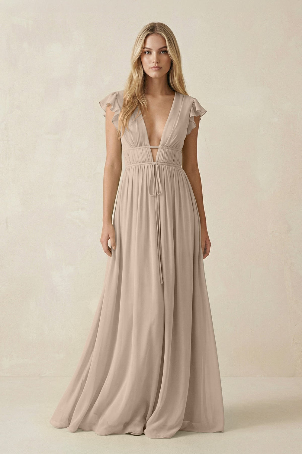 V - Neck A - Line Chiffon Cap Sleeves Bridesmaid Dress in Almond - KISS BRIDAL Bridesmaid Dresses