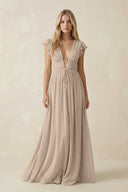 V - Neck A - Line Chiffon Cap Sleeves Bridesmaid Dress in Almond - KISS BRIDAL Bridesmaid Dresses