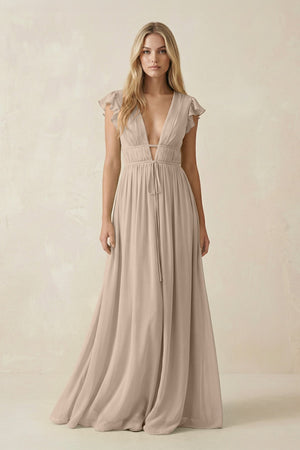 V - Neck A - Line Chiffon Cap Sleeves Bridesmaid Dress in Almond - KISS BRIDAL Bridesmaid Dresses