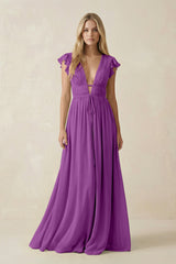 V - Neck A - Line Chiffon Cap Sleeves Bridesmaid Dress in Amethyst - KISS BRIDAL Bridesmaid Dresses