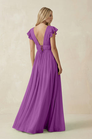 V - Neck A - Line Chiffon Cap Sleeves Bridesmaid Dress in Amethyst - KISS BRIDAL Bridesmaid Dresses