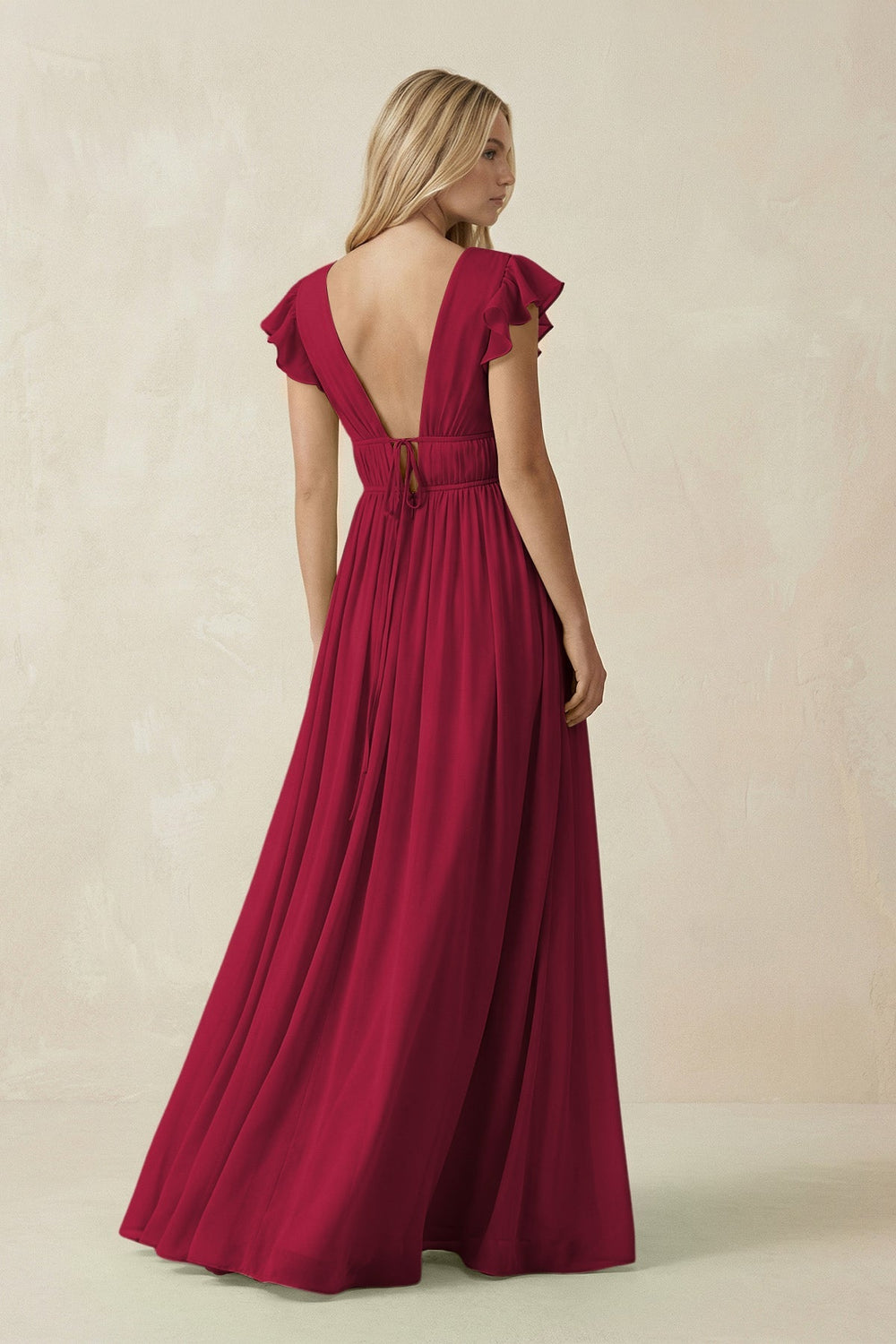 V - Neck A - Line Chiffon Cap Sleeves Bridesmaid Dress in Berry - KISS BRIDAL Bridesmaid Dresses