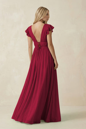 V - Neck A - Line Chiffon Cap Sleeves Bridesmaid Dress in Berry - KISS BRIDAL Bridesmaid Dresses