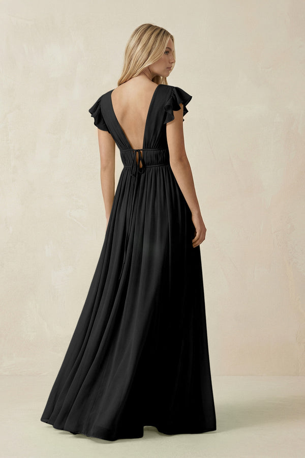 V - Neck A - Line Chiffon Cap Sleeves Bridesmaid Dress in Black - SHE IS ME Bridesmaid Dresses