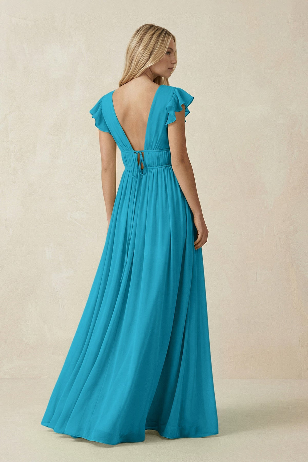 V - Neck A - Line Chiffon Cap Sleeves Bridesmaid Dress in Blue Jay - KISS BRIDAL Bridesmaid Dresses