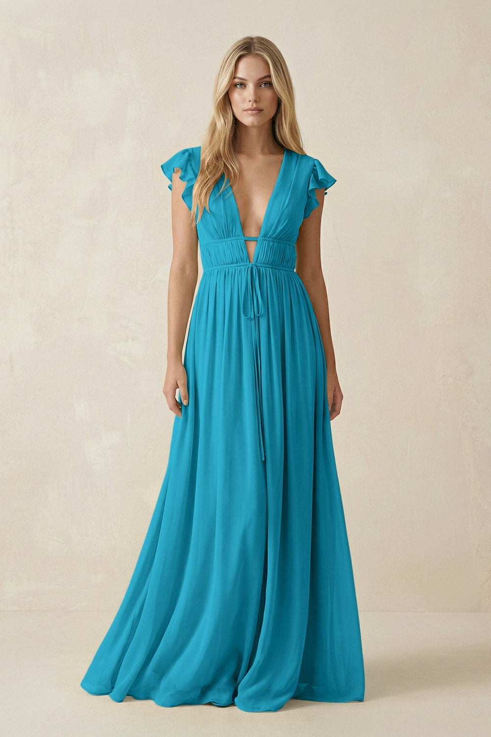 V - Neck A - Line Chiffon Cap Sleeves Bridesmaid Dress in Blue Jay - KISS BRIDAL Bridesmaid Dresses