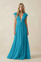 V - Neck A - Line Chiffon Cap Sleeves Bridesmaid Dress in Blue Jay - KISS BRIDAL Bridesmaid Dresses
