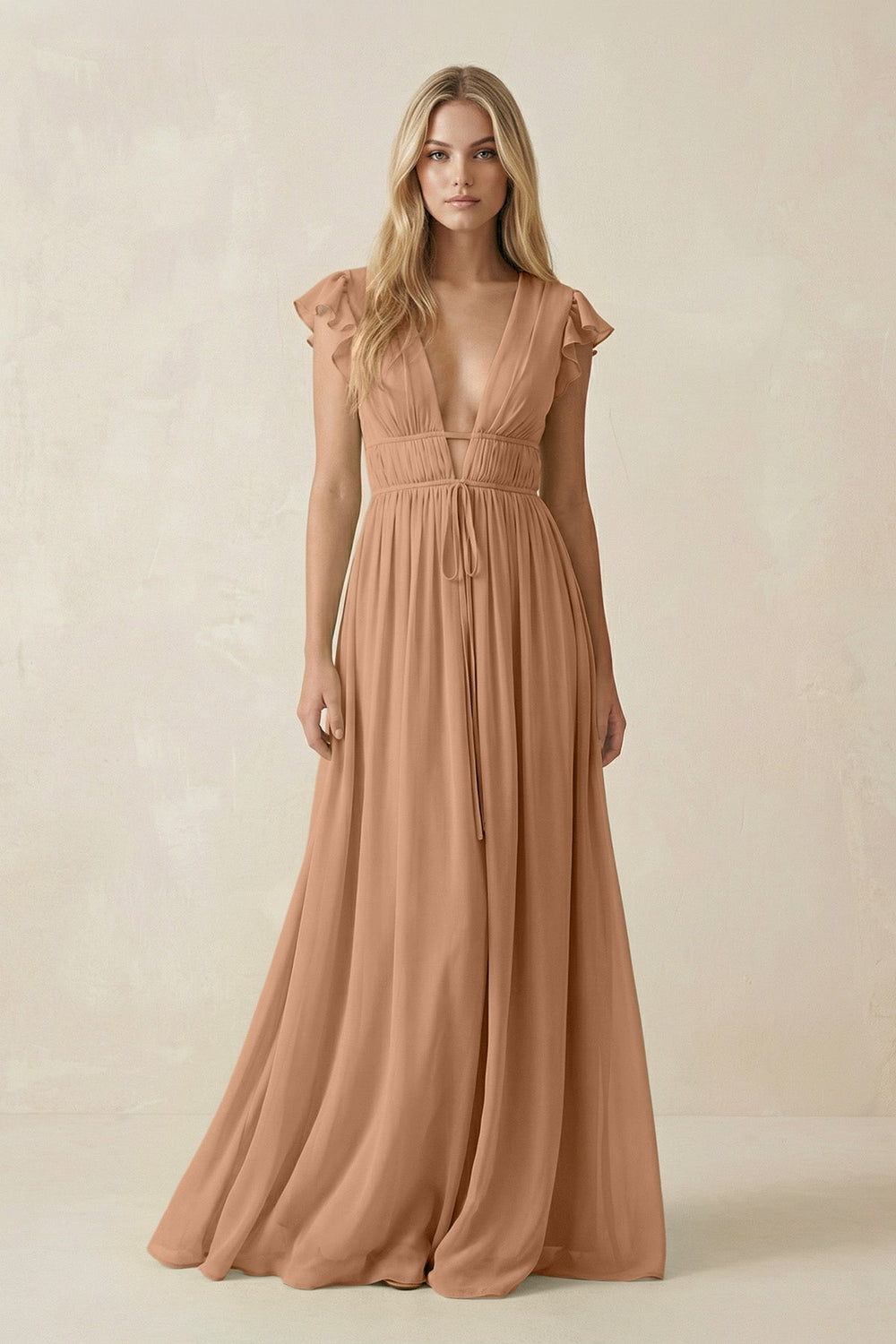 V - Neck A - Line Chiffon Cap Sleeves Bridesmaid Dress in Bronzer - KISS BRIDAL Bridesmaid Dresses