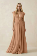 V - Neck A - Line Chiffon Cap Sleeves Bridesmaid Dress in Bronzer - KISS BRIDAL Bridesmaid Dresses