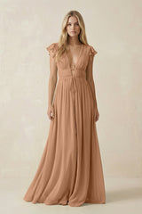 V - Neck A - Line Chiffon Cap Sleeves Bridesmaid Dress in Bronzer - KISS BRIDAL Bridesmaid Dresses