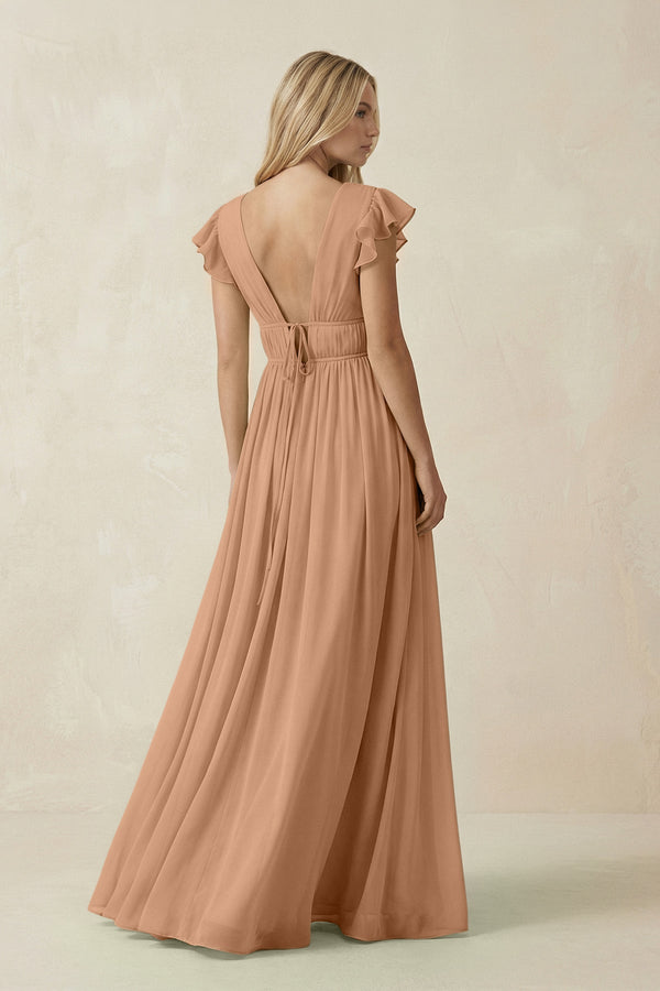 V - Neck A - Line Chiffon Cap Sleeves Bridesmaid Dress in Bronzer - KISS BRIDAL Bridesmaid Dresses