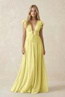 V - Neck A - Line Chiffon Cap Sleeves Bridesmaid Dress in Buttercup - KISS BRIDAL Bridesmaid Dresses