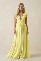 V - Neck A - Line Chiffon Cap Sleeves Bridesmaid Dress in Buttercup - KISS BRIDAL Bridesmaid Dresses