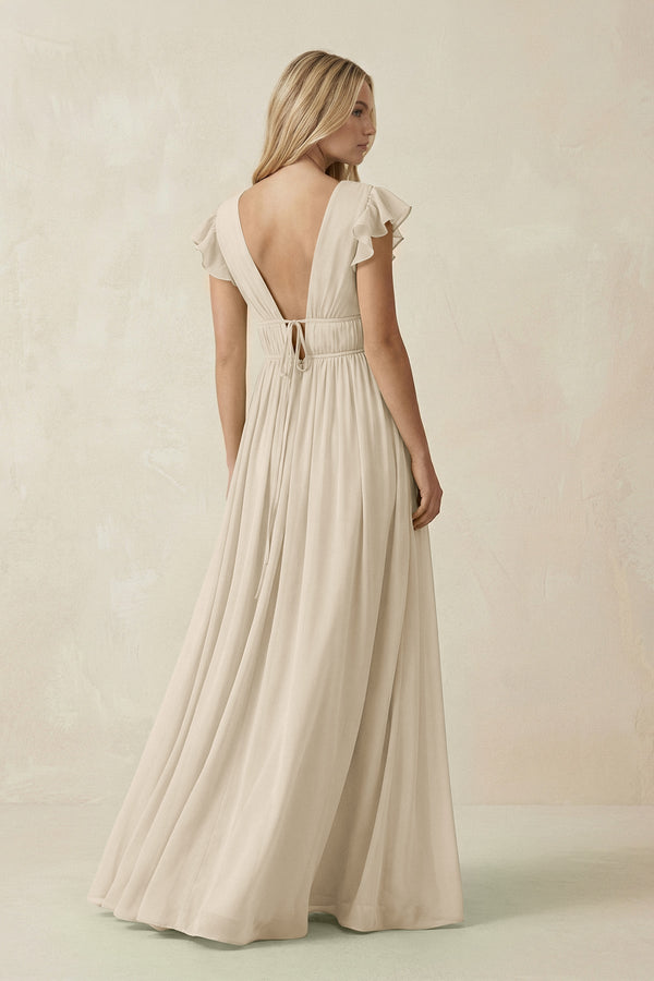 V - Neck A - Line Chiffon Cap Sleeves Bridesmaid Dress in Champagne - SHE IS ME Bridesmaid Dresses