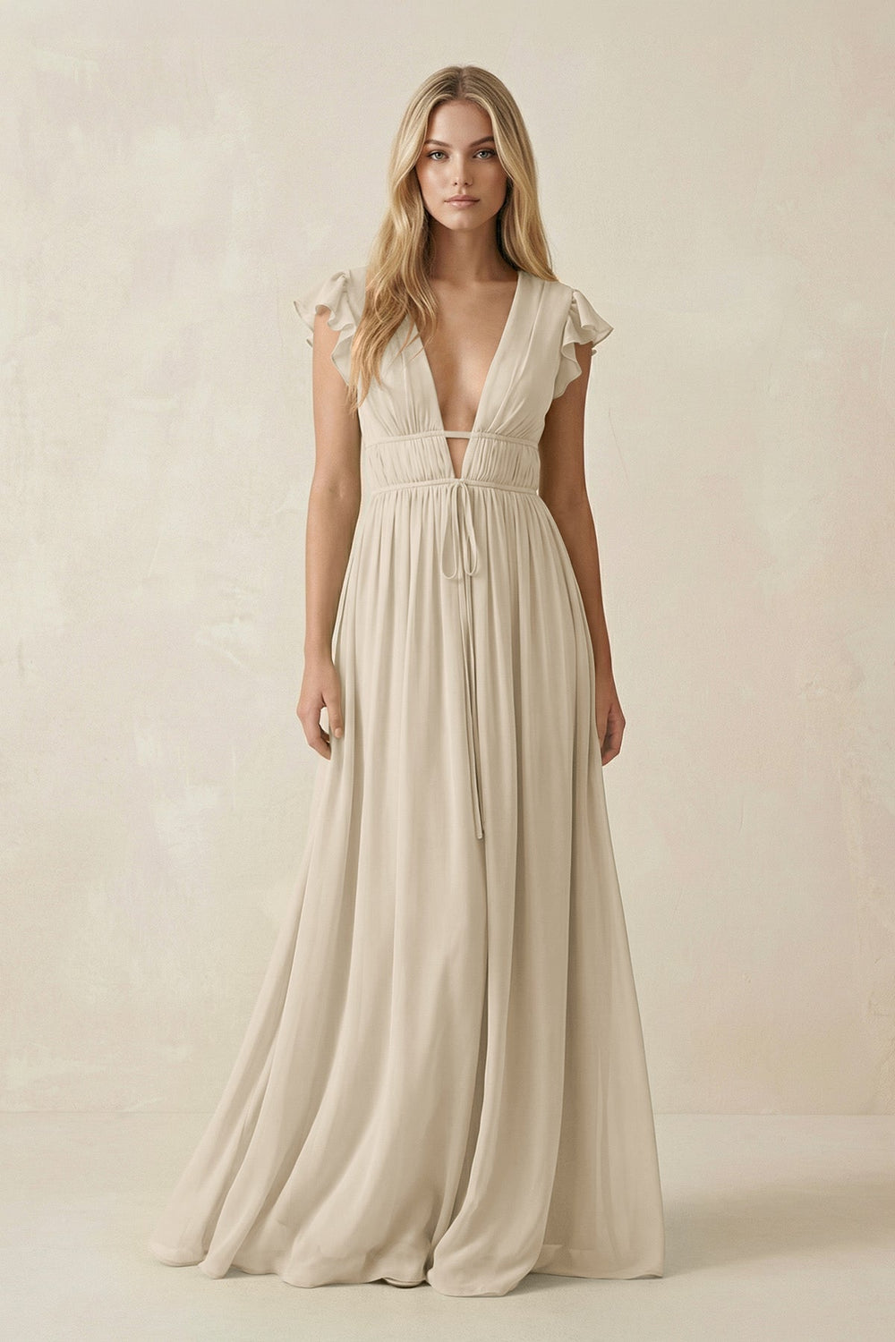 V - Neck A - Line Chiffon Cap Sleeves Bridesmaid Dress in Champagne - KISS BRIDAL Bridesmaid Dresses