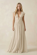 V - Neck A - Line Chiffon Cap Sleeves Bridesmaid Dress in Champagne - SHE IS ME Bridesmaid Dresses