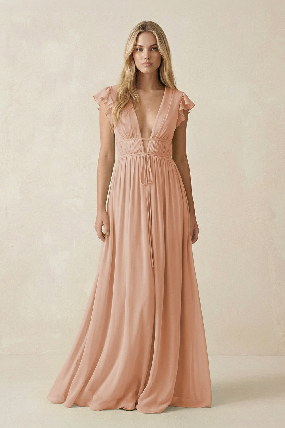 V - Neck A - Line Chiffon Cap Sleeves Bridesmaid Dress in Champagne Rose - KISS BRIDAL Bridesmaid Dresses