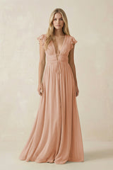 V - Neck A - Line Chiffon Cap Sleeves Bridesmaid Dress in Champagne Rose - KISS BRIDAL Bridesmaid Dresses