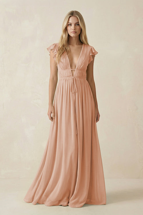 V - Neck A - Line Chiffon Cap Sleeves Bridesmaid Dress in Champagne Rose - KISS BRIDAL Bridesmaid Dresses