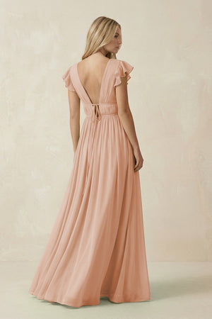 V - Neck A - Line Chiffon Cap Sleeves Bridesmaid Dress in Champagne Rose - KISS BRIDAL Bridesmaid Dresses