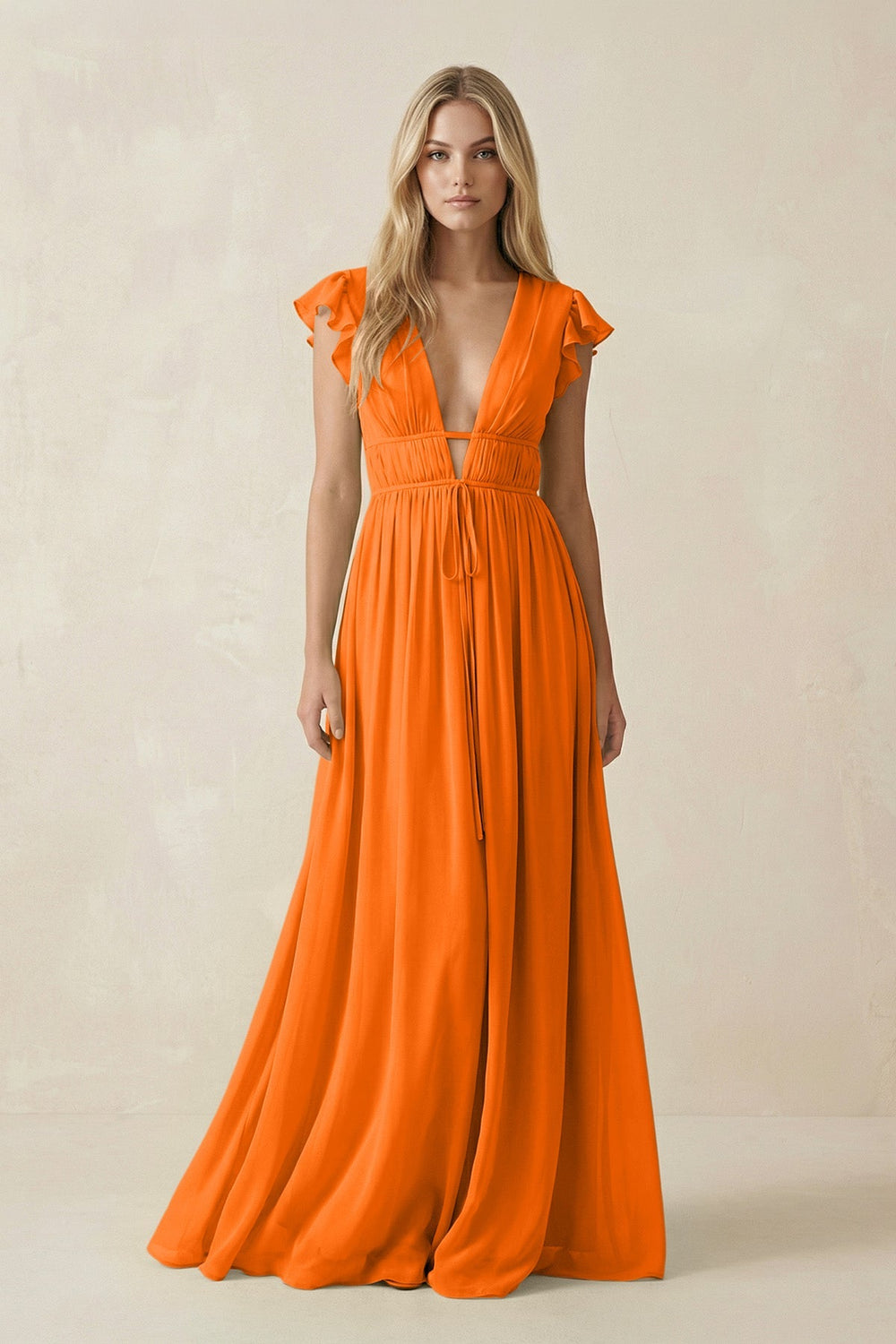 V - Neck A - Line Chiffon Cap Sleeves Bridesmaid Dress in Cinnamon - KISS BRIDAL Bridesmaid Dresses