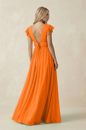 V - Neck A - Line Chiffon Cap Sleeves Bridesmaid Dress in Cinnamon - KISS BRIDAL Bridesmaid Dresses