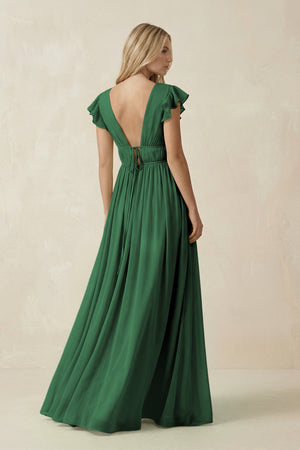 V - Neck A - Line Chiffon Cap Sleeves Bridesmaid Dress in Dark Green - SHE IS ME Bridesmaid Dresses