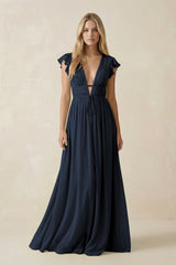 V - Neck A - Line Chiffon Cap Sleeves Bridesmaid Dress in Dark Navy - KISS BRIDAL Bridesmaid Dresses