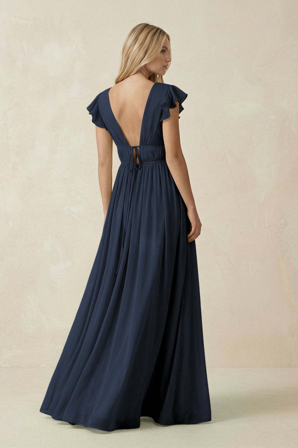 V - Neck A - Line Chiffon Cap Sleeves Bridesmaid Dress in Dark Navy - KISS BRIDAL Bridesmaid Dresses