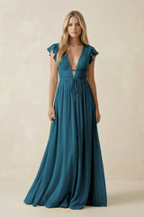 V - Neck A - Line Chiffon Cap Sleeves Bridesmaid Dress in Dark Teal - KISS BRIDAL Bridesmaid Dresses