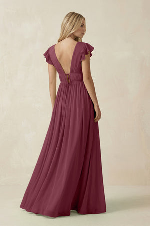 V-Neck A-Line Chiffon Cap Sleeves Bridesmaid Dress in Desert Rose (2) | KISSBRIDAL