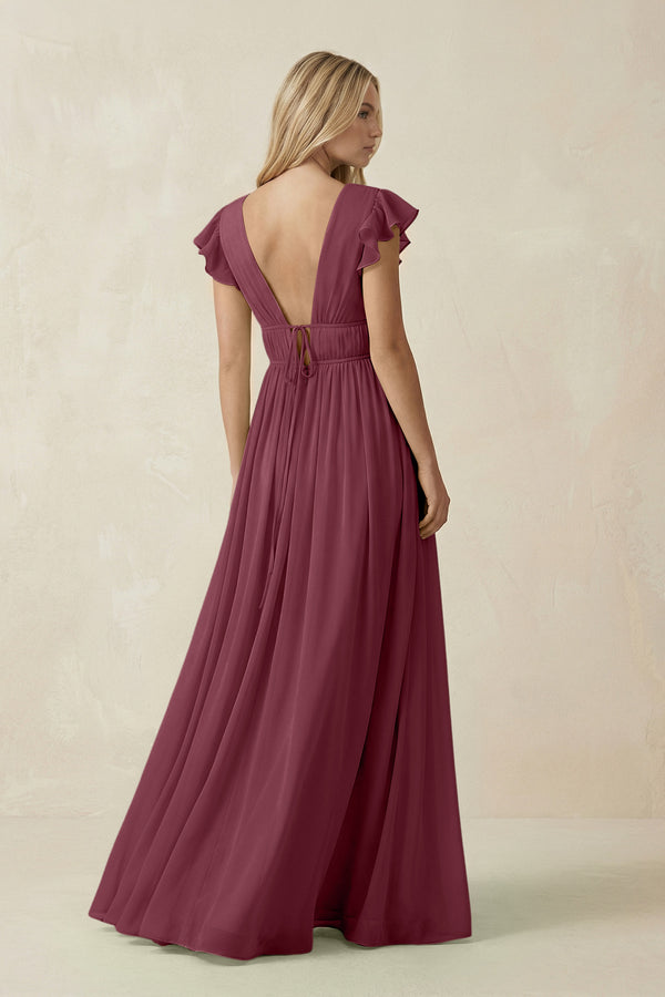 V-Neck A-Line Chiffon Cap Sleeves Bridesmaid Dress in Desert Rose (2) | KISSBRIDAL