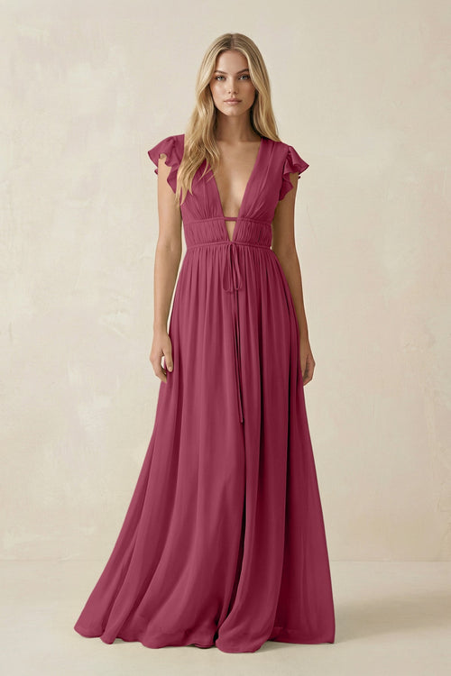 V - Neck A - Line Chiffon Cap Sleeves Bridesmaid Dress in Desert Rose - KISS BRIDAL Bridesmaid Dresses
