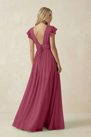 V - Neck A - Line Chiffon Cap Sleeves Bridesmaid Dress in Desert Rose - KISS BRIDAL Bridesmaid Dresses