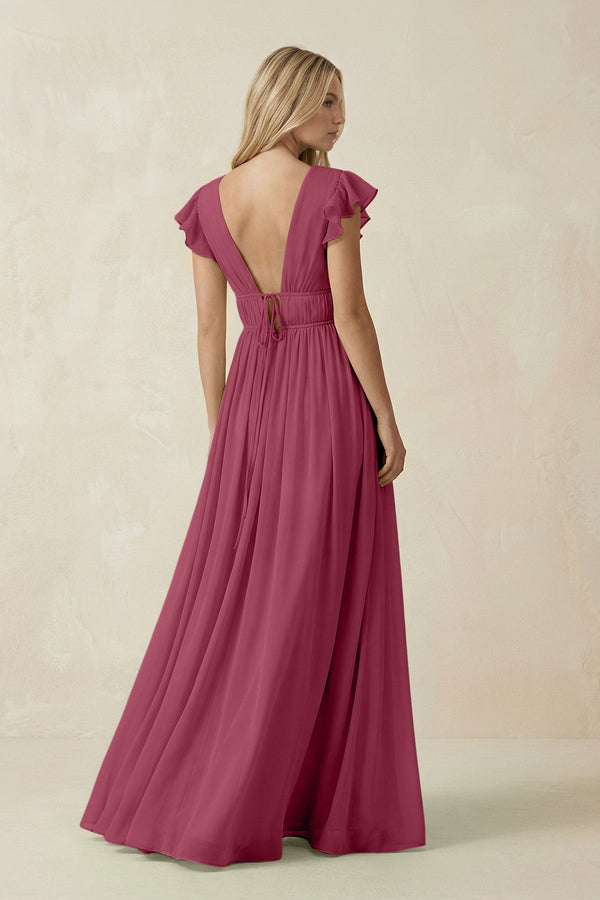 V - Neck A - Line Chiffon Cap Sleeves Bridesmaid Dress in Desert Rose - KISS BRIDAL Bridesmaid Dresses