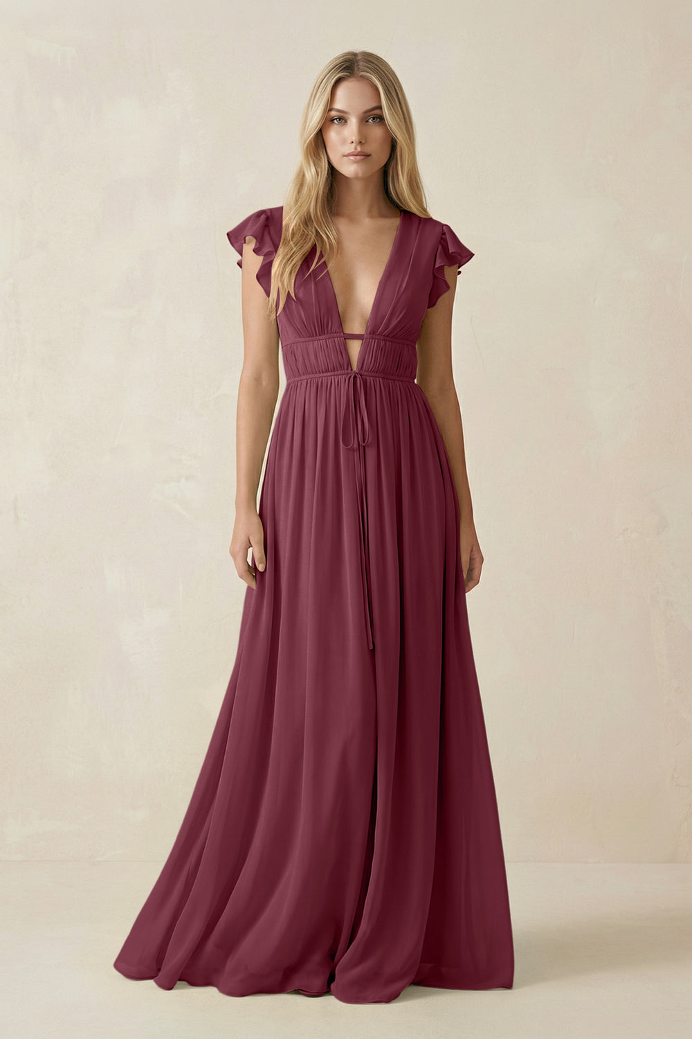 V-Neck A-Line Chiffon Cap Sleeves Bridesmaid Dress in Desert Rose