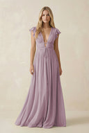 V - Neck A - Line Chiffon Cap Sleeves Bridesmaid Dress in Dusk - SHE IS ME Bridesmaid Dresses