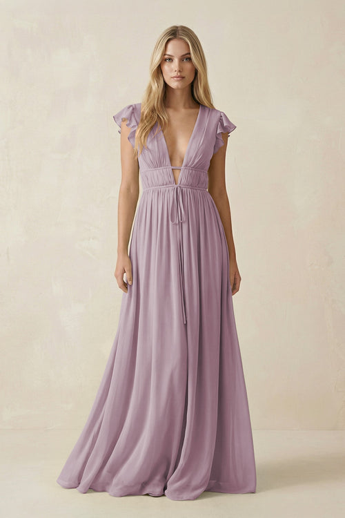 V - Neck A - Line Chiffon Cap Sleeves Bridesmaid Dress in Dusk - SHE IS ME Bridesmaid Dresses