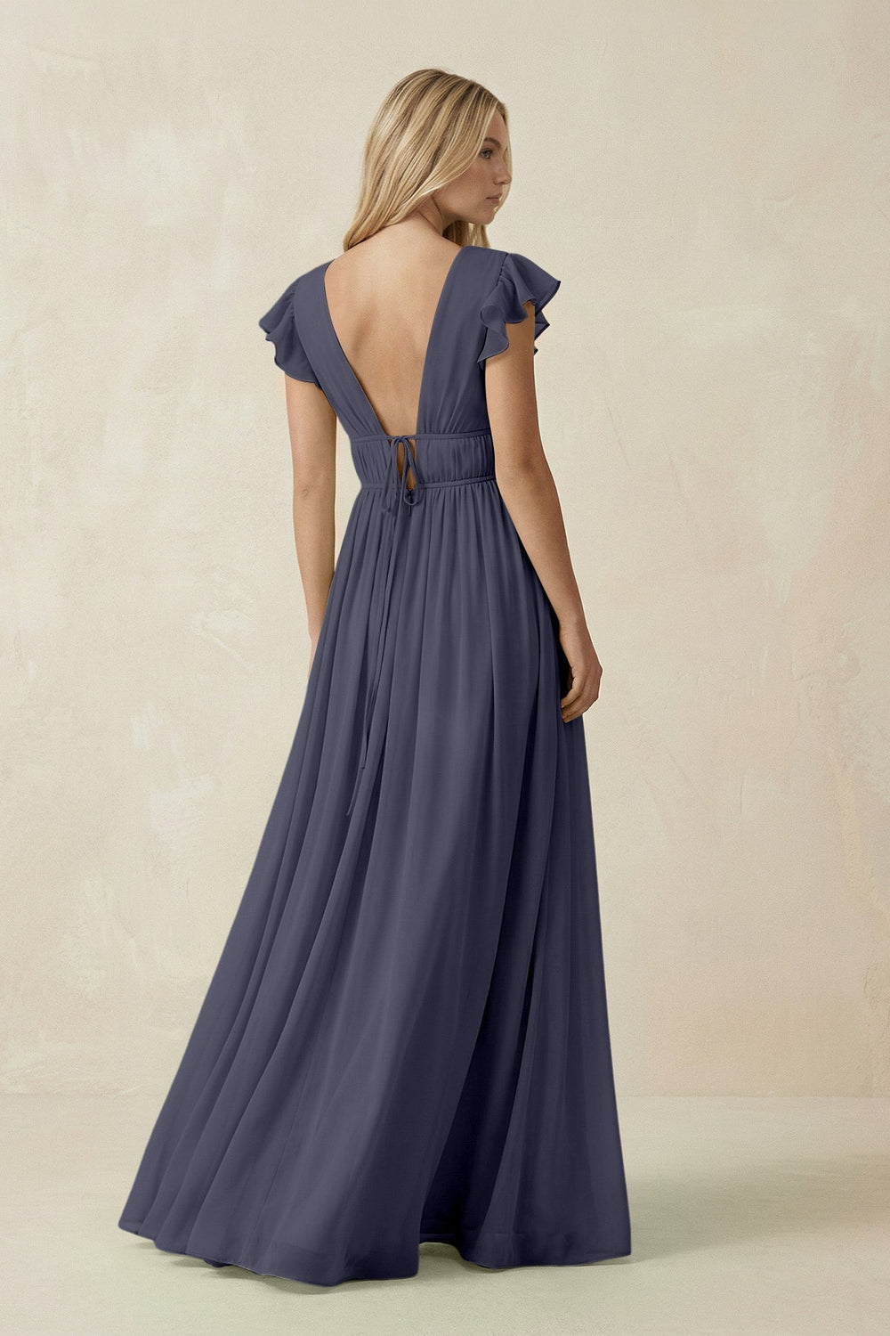 V - Neck A - Line Chiffon Cap Sleeves Bridesmaid Dress in Dusk Blue - KISS BRIDAL Bridesmaid Dresses