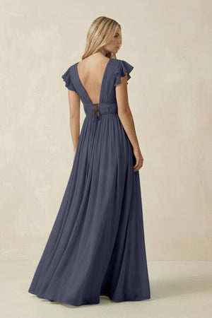 V - Neck A - Line Chiffon Cap Sleeves Bridesmaid Dress in Dusk Blue - KISS BRIDAL Bridesmaid Dresses